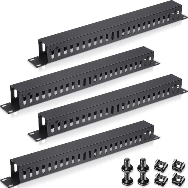 Main image of AJMRTC 4-Pack 1U 19 Inch Rack Mount Cable Manager, 24-Slot Metal Finger Duct Horizontal Wire Organizer with Removable Cover & Mounting Screws for Server Rack, Network Cabinet, Black
