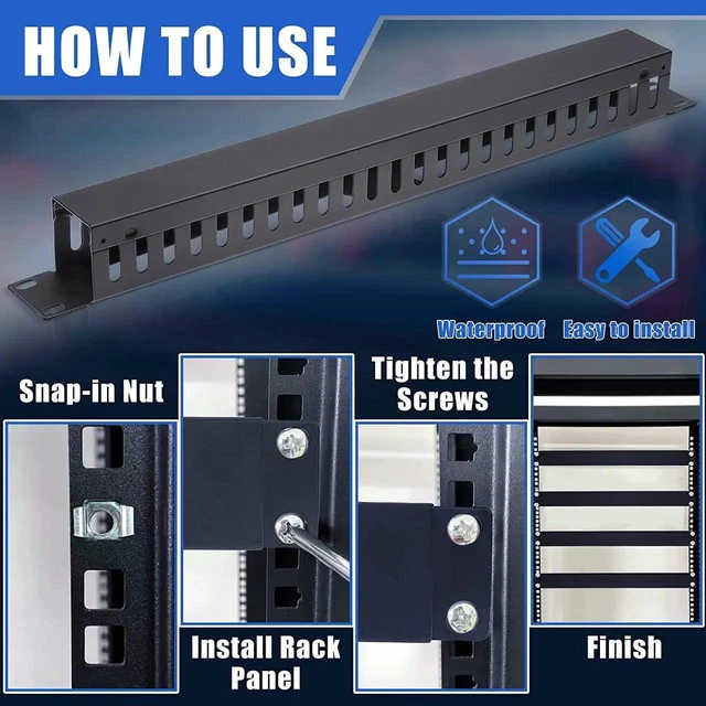 Alt view image 6 of 7 - AJMRTC 4-Pack 1U 19 Inch Rack Mount Cable Manager, 24-Slot Metal Finger Duct Horizontal Wire Organizer with Removable Cover & Mounting Screws for Server Rack, Network Cabinet, Black
