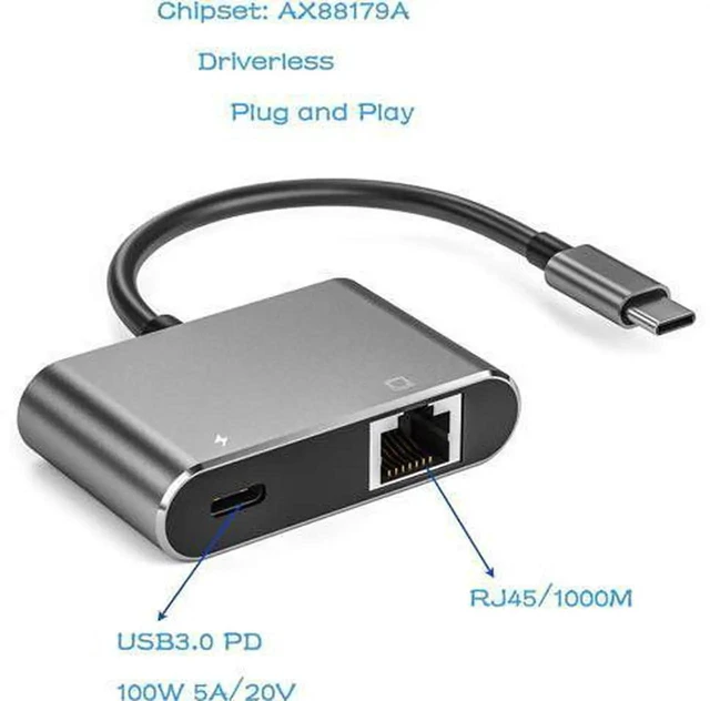 Alt view image 3 of 7 - AJMRTC USB-C to RJ45 Gigabit Ethernet Adapter, AX88179 Chipset 1000Mbps LAN Dongle with 100W PD Pass-Through Charging, Plug-and-Play Network Converter for Windows, macOS, iOS, iPadOS, Linux