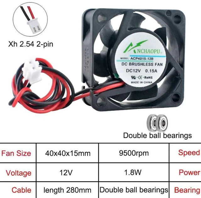 Main image of ACP4015 40x40x15mm DC12V 2Pin Dual Ball Bearing Axial Cooling Fan, 40mm Replacement Fan for Printer, Power Supply and Small Electronic Equipment Heat Dissipation