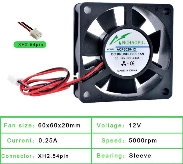 Main image of ACP6020 60x60x20mm DC12V 2Pin Sleeve Bearing Axial Cooling Fan, 60mm Replacement Fan for PC Cases, Power Supplies, Chargers and Inverters Heat Dissipation