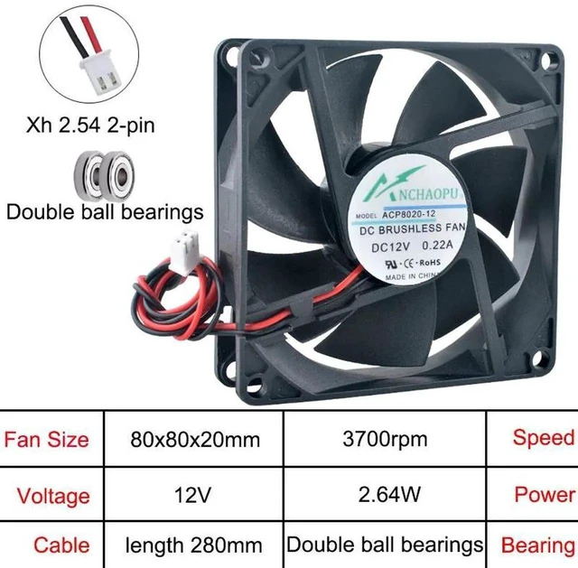 Main image of ACP8020 80x80x20mm HighSpeed Dual Ball Bearing Cooling Fan, DC12V 2Pin Axial Replacement Fan for Inverter Power Supply, Industrial Equipment, Chassis Cabinet & DIY Heat Dissipation Projects