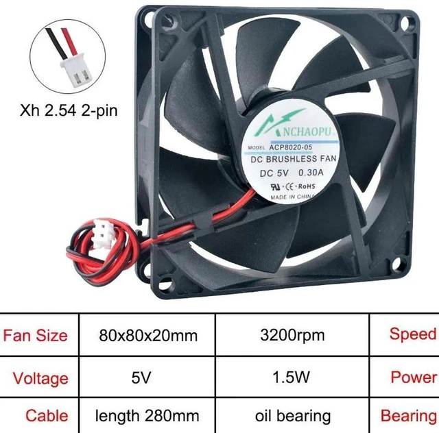 Main image of ACP8020 80x80x20mm HighSpeed Oil Bearing Cooling Fan, DC5V 2Pin Axial Replacement Fan for Inverter Power Supply, Industrial Equipment, Chassis Cabinet & DIY Heat Dissipation Projects