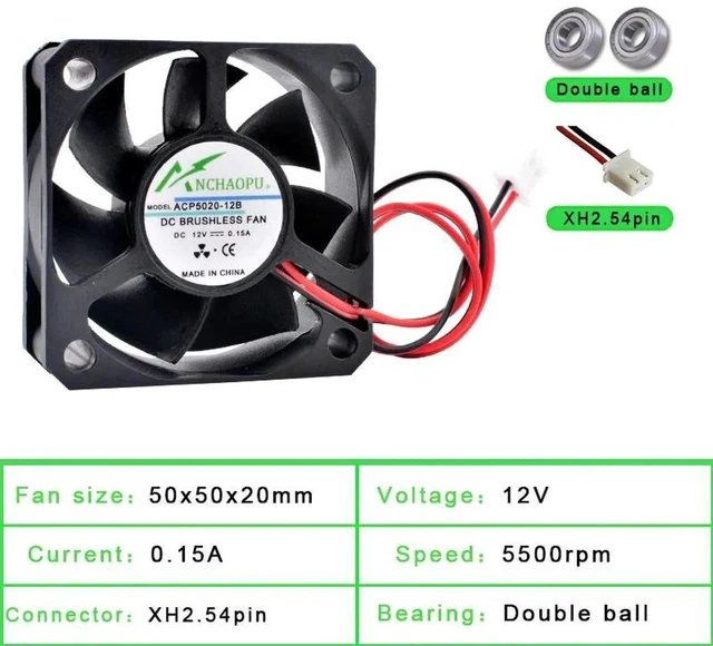 Main image of ACP5020 50x50x20mm 50mm 5cm Dual Ball Bearing Axial Cooling Fan, DC12V 2Pin Brushless Replacement Fan for Power Supplies, Chargers, Printers and Inverters