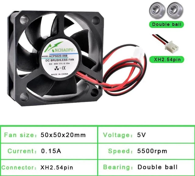 Main image of ACP5020 50x50x20mm 50mm 5cm Dual Ball Bearing Axial Cooling Fan, DC5V 2Pin Brushless Replacement Fan for Power Supplies, Chargers, Printers and Inverters