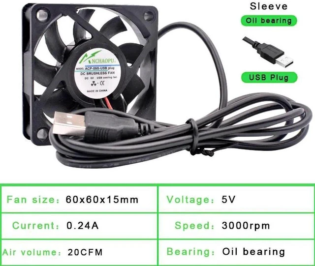 Main image of 60x60x15mm Sleeve Bearing DC 5V USB Silent Cooling Fan, USBPowered Brushless Fan for DIY Cooling, Router, Game Console, TV Box, Power Supply and Small Electronic Device Heat Dissipation