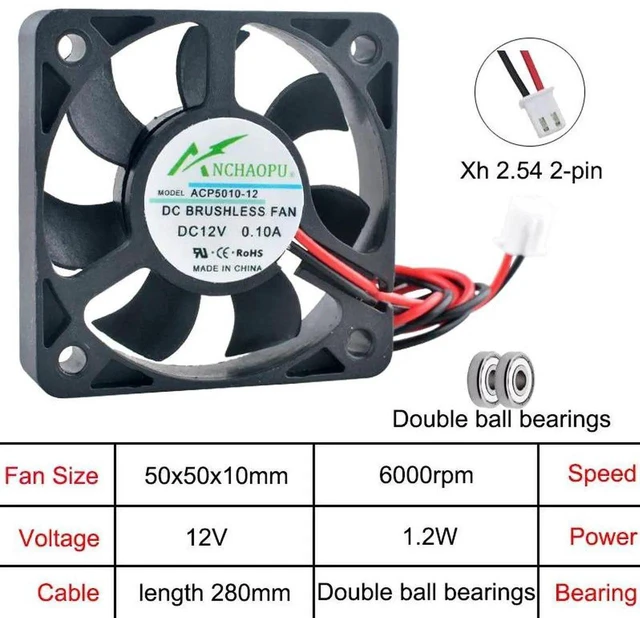 Main image of ACP5010 50x50x10mm Axial Cooling Fan, MultiVoltage DC12V Dual Ball Bearing 2Pin Small Replacement Fan for Industrial Devices, Cabinet Hardware and Compact Industrial Equipment Heat Dissipation