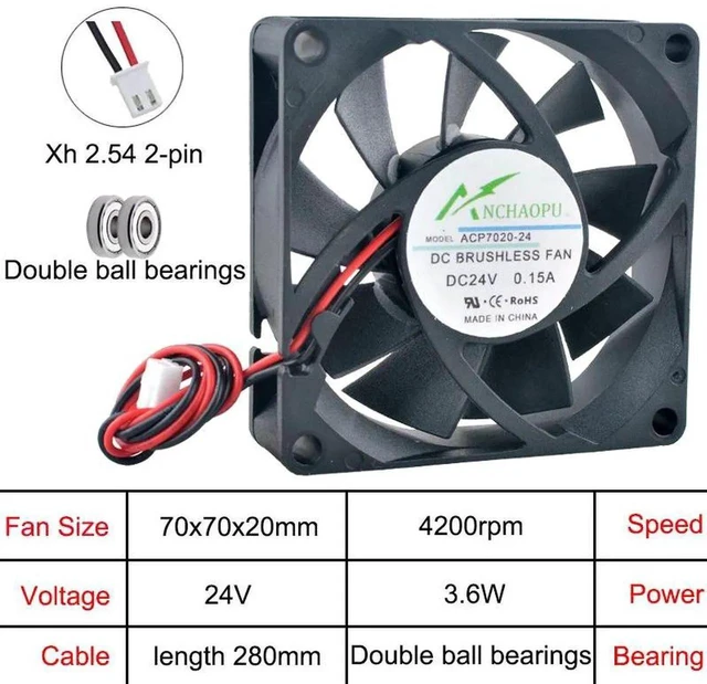 Main image of ACP7020 HighSpeed 70x70x20mm Axial Cooling Fan, DC24V Dual Ball Bearing 2Pin Replacement Fan for Chargers, Power Supplies, Inverters and Industrial Electronic Devices Internal Heat Dissipation