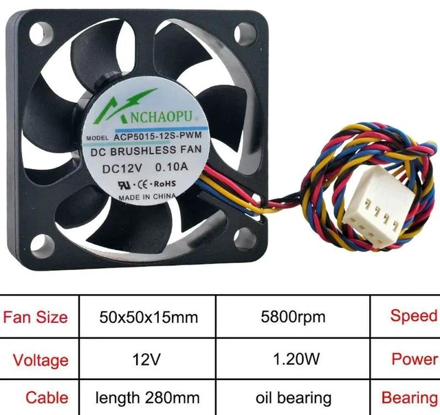 Main image of ACP501512SPWM ACP501512BPWM 50x50x15mm 50mm Oil Bearing PWM Cooling Fan, DC12V 0.10A/0.20A 4Pin 5800/8000RPM Mini Replacement CPU Fan for Small PC, Heatsink, Compact Electronic Equipment