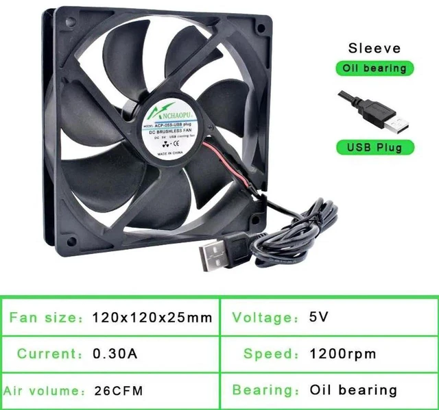 Main image of 120x120x25mm Sleeve Bearing USB DC5V Silent Axial Cooling Fan, 120mm Quiet USBPowered Vent Fan for DIY Cooling, Router, Game Console, TV Box, Small Power Supply & Electronic Enclosure Projects