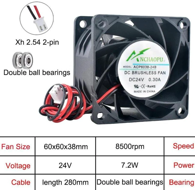 Main image of ACP6038 HighSpeed Axial Cooling Fan, 60x60x38mm 6cm DC 5V / 24V 2Pin Replacement Vent Fan, HighAirflow Compact Cooler for Server Power Supply and Computer Electronics Internal Heat Dissipation