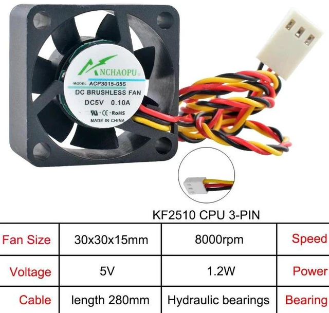 Main image of ACP3015 Miniature Axial Cooling Fan, 30x30x15mm 3cm DC 5V 3Pin KF2510 Connector Replacement Fan, Compact Ventilation Fan for CPU and Power Supply Heat Dissipation in 30Inch Chassis