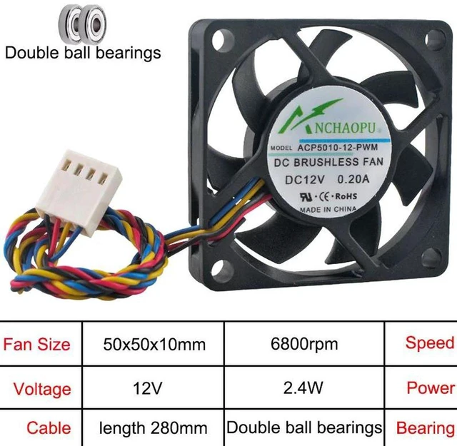 Main image of ACP501005PWM ACP501012PWM 5010 Axial Cooling Fan 50x50x10mm 5CM DC12V Dual Ball Bearing 4Pin PWM Brushless Mini Fan Replacement for Micro PC, Motherboard, Compact CPU Cooling System