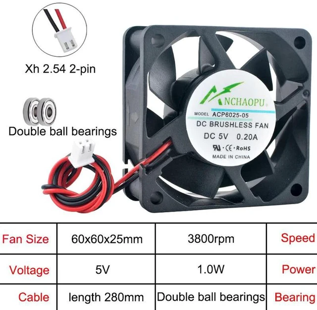 Main image of ACP6025 60x60x25mm 60mm Axial Cooling Fan, DC 5V 2Pin Dual Ball Bearing Case Fan, Replacement Ventilation Fan for Charger, Power Supply and Inverter Heat Dissipation System Repair Spare Part
