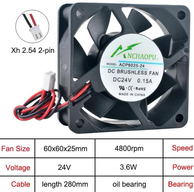 Main image of ACP6025 60x60x25mm 60mm Axial Cooling Fan, DC 24V 2Pin Oil Bearing Ventilation Fan, Replacement Cooling Fan for Charger, Power Supply and Inverter Internal Heat Dissipation System Repair Spare Part