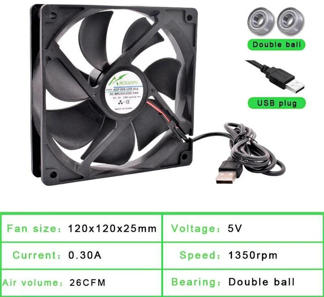 Main image of 120mm Dual Ball Bearing DC 5V USB Powered Silent Cooling Fan, 120x120mm Axial Replacement Ventilation Fan for DIY Cooling, Router, Game Console, TV Box and Power Supply Heat Dissipation Projects