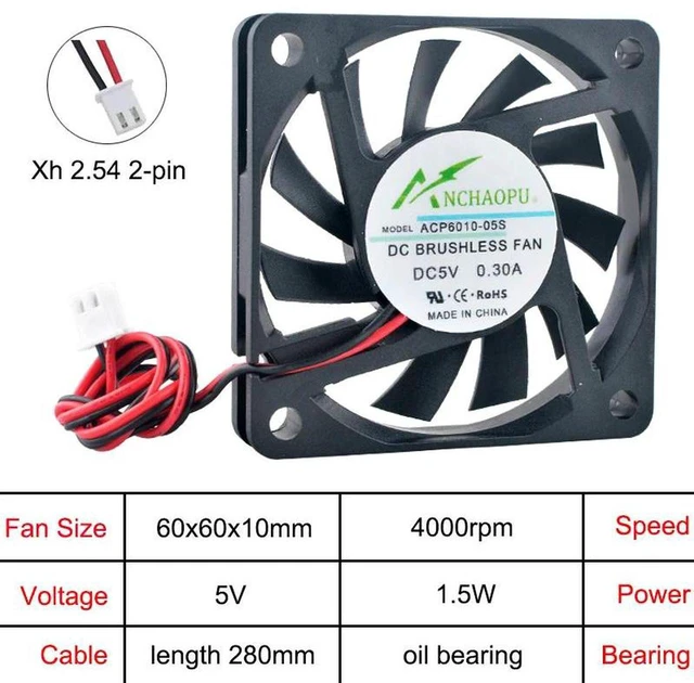 Main image of 5Pack ACP6010 UltraThin 60x60x10mm Axial Cooling Fan, DC 5V 2Pin Oil Bearing 60mm Replacement Ventilation Fan for Charger, Power Supply and Compact SmallSpace Heat Dissipation