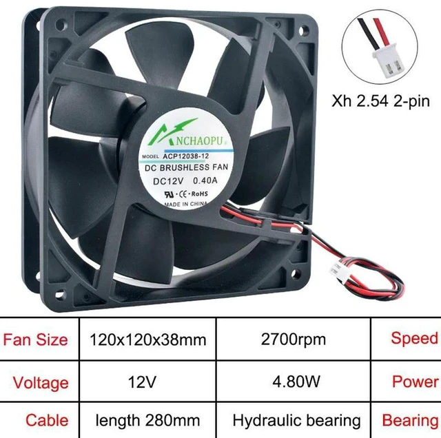 Main image of ACP12038 120x120x38mm DC 12V Hydraulic 2Pin Axial Cooling Fan, 120mm 12038 Brushless Fan Replacement for PC Chassis, Power Supply, Inverter, Industrial Cabinet Ventilation Heat Dissipation Fan