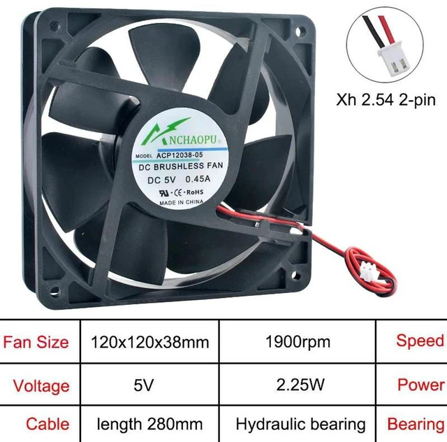 Main image of 120mm 120x120x38mm DC 5V Hydraulic 2Pin Axial Cooling Fan Replacement for ACP12038, 12CM Fan for Chassis, Power Supply, Inverter and Industrial Equipment Heat Dissipation