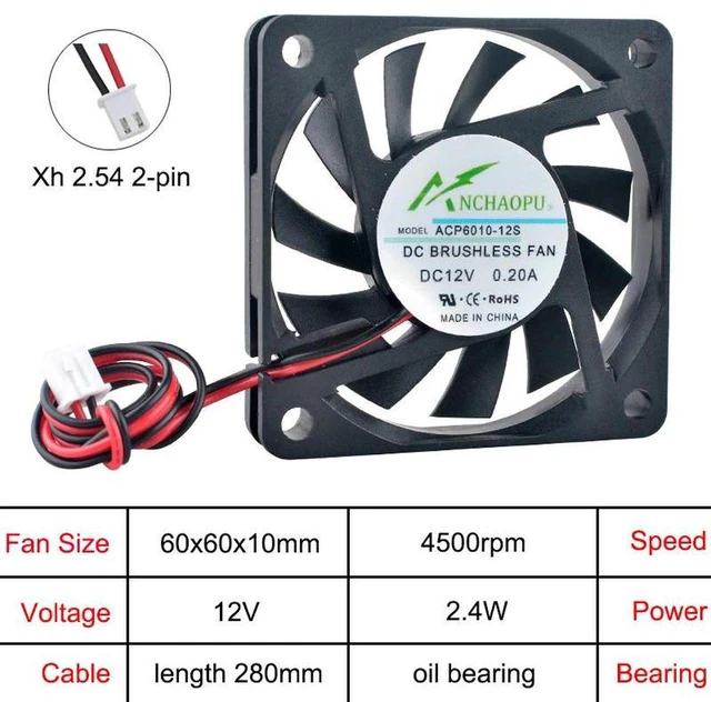 Main image of 5Pack UltraThin 60mm 60x60x10mm DC 12V OilBearing 2Pin Axial Cooling Fan Replacement for ACP6010, 6CM Slim Fan for Charger, Power Supply Compact Equipment Heat Dissipation