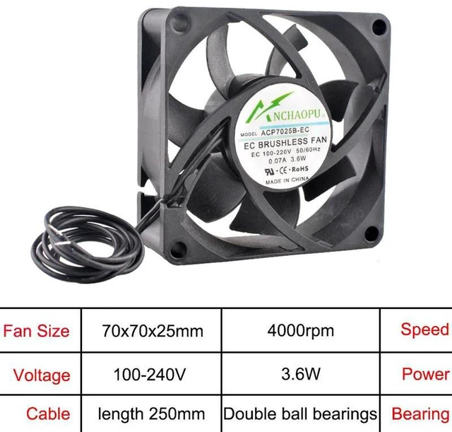 Main image of 70mm 70x70x25mm EC Brushless Axial Cooling Fan, WideVoltage AC 110V240V RackMount Fan for Server Cabinet, Industrial Control Equipment Ventilation Heat Dissipation