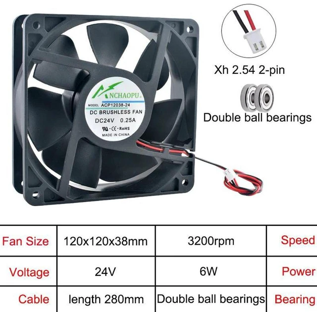 Main image of 120mm 120x120x38mm DC 24V Dual Ball Bearing 2Pin Axial Cooling Fan Replacement for ACP12038, 12CM Fan for Chassis, Power Supply and Inverter Equipment Heat Dissipation