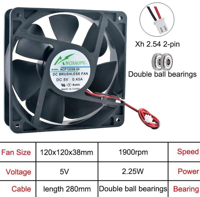 Main image of 120mm 120x120x38mm DC 5V Dual Ball Bearing 2Pin Axial Cooling Fan Replacement for ACP12038, 12CM Fan for Chassis, Power Supply and Inverter Equipment Heat Dissipation