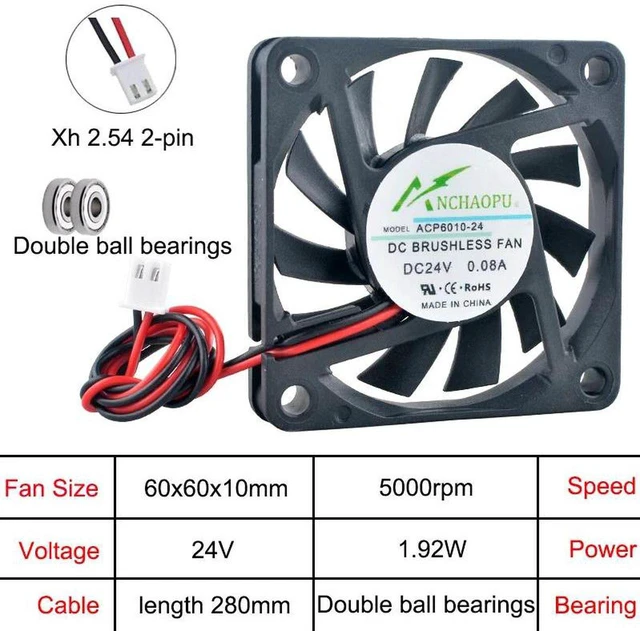 Main image of 5 PCS ACP6010 UltraThin Axial Cooling Fan, 60×60×10mm 60mm DC 24V 2Pin DualBall Bearing Replacement Fan for Charger, Power Supply and Compact Equipment Heat Dissipation