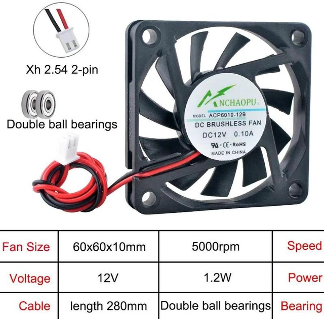 Main image of 5 PCS ACP6010 UltraThin Axial Cooling Fan, 60×60×10mm 60mm DC 12V 2Pin DualBall Bearing Replacement Fan for Charger, Power Supply & Compact Electronic Equipment Cooling