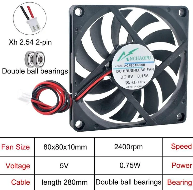 Main image of 3 PCS ACP8010 UltraThin Axial Cooling Fan, 80×80×10mm 80mm DC 5V 2Pin DualBall Bearing Replacement Fan for CPU, Power Supply and Computer Chassis Heat Dissipation
