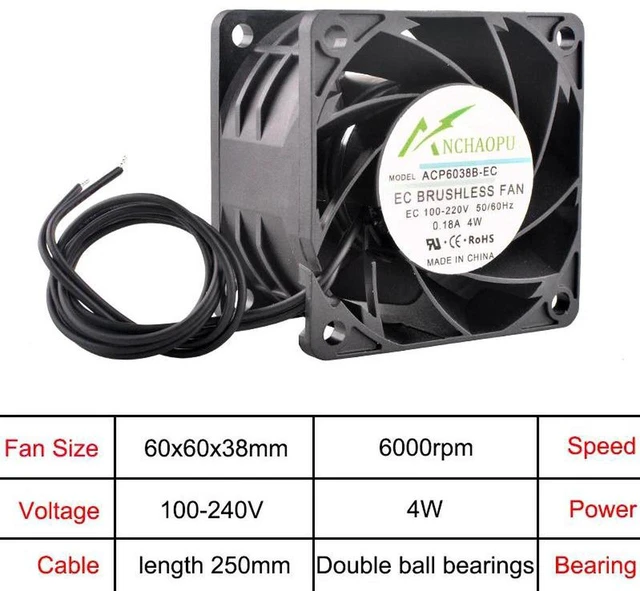 Main image of 60x60x38mm EC Brushless Axial Cooling Fan, AC 110V120V 220V240V Wide Voltage Rack Mount Fan, 6038 Industrial Ventilation Fan for Server Cabinet, Network Chassis & Amplifier Heat Dissipation