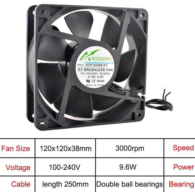 Main image of 120x120x38mm EC Brushless Axial Cooling Fan, WideVoltage AC 110V 120V 220V 240V 12038 RackMount Ventilation Fan for Server Rack Cabinet Industrial Equipment Heat Dissipation Repair Spare Fan