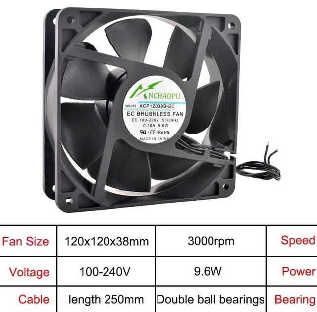 Alt view image 2 of 2 - 120x120x38mm EC Brushless Axial Cooling Fan, WideVoltage AC 110V 120V 220V 240V 12038 RackMount Ventilation Fan for Server Rack Cabinet Industrial Equipment Heat Dissipation Repair Spare Fan