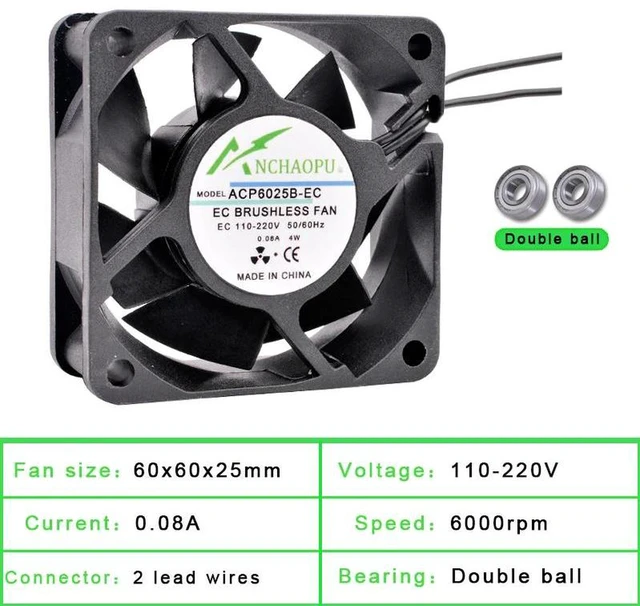 Alt view image 2 of 2 - 60x60x25mm EC Brushless Axial Cooling Fan, DoubleRow Ball Bearing, Universal AC 110V 120V 220V 240V 6025 Ventilation Fan, Replacement Cooling Fan for Server Rack, Network Cabinet & Industrial Equipme