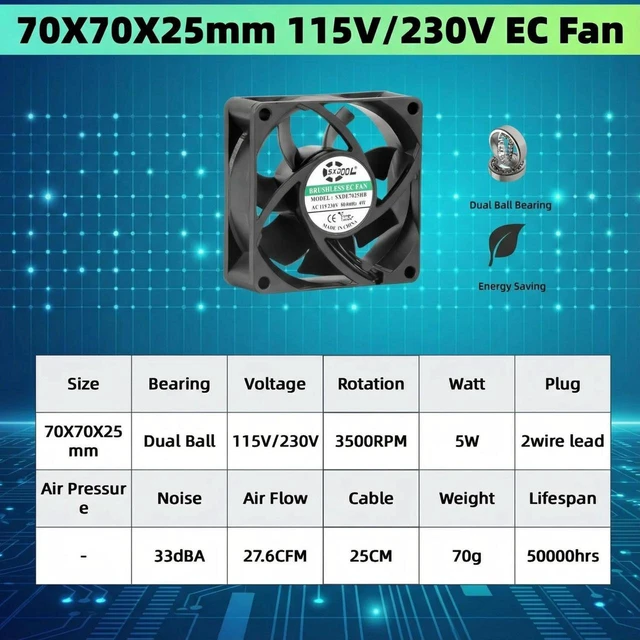 Main image of High Efficiency EC Axial Cooling Fan 7025 70x70x25mm 115V 230V Universal Voltage Brushless Motor High Speed Dual Ball Bearing Long Life Fan for Industrial Cabinet Heat Dissipation