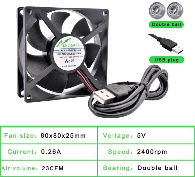 Main image of 2Pcs 80x80x25mm Spherical Bearing DC5V USB Powered Silent Cooling Fan, 8025 USB Fan for DIY Cooling Router, Game Console, TV Box, Power Supply, Small Electronic Equipment Ventilation Fan
