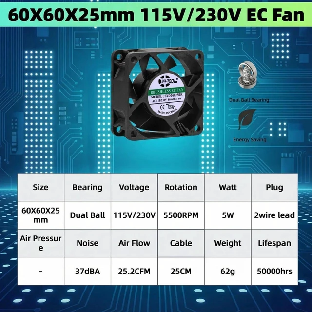 Main image of High Efficiency EC Cooling Fan, Brushless Motor High Speed 6025 60x60x25mm, 115V 230V Universal Voltage, Long Life Dual Ball Bearing Axial Fan for Industrial Cabinet, Power Equipment Heat Dissipation