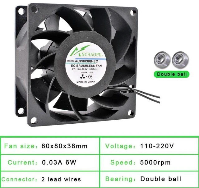 Main image of EC Brushless Cooling Fan 80x80x38mm 8038 Axial Fan AC 110V 120V 220V 240V Dual Ball Bearing 2 Wires High Airflow Ventilation Fan Replacement for Server Rack Cabinet Industrial Cooling