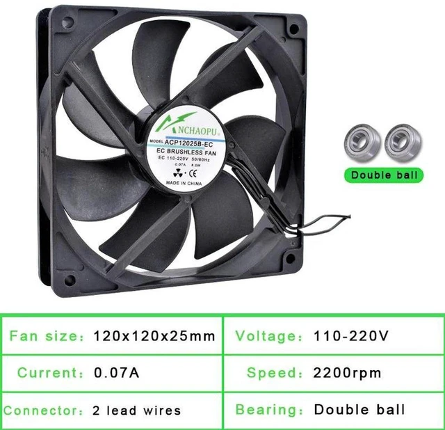 Main image of EC Brushless Cooling Fan 120x120x25mm 12025 Axial Fan AC 110V 120V 220V 240V Dual Ball Bearing 2 Wires High Airflow Ventilation Fan Replacement for Server Rack Cabinet Industrial Heat Dissipation