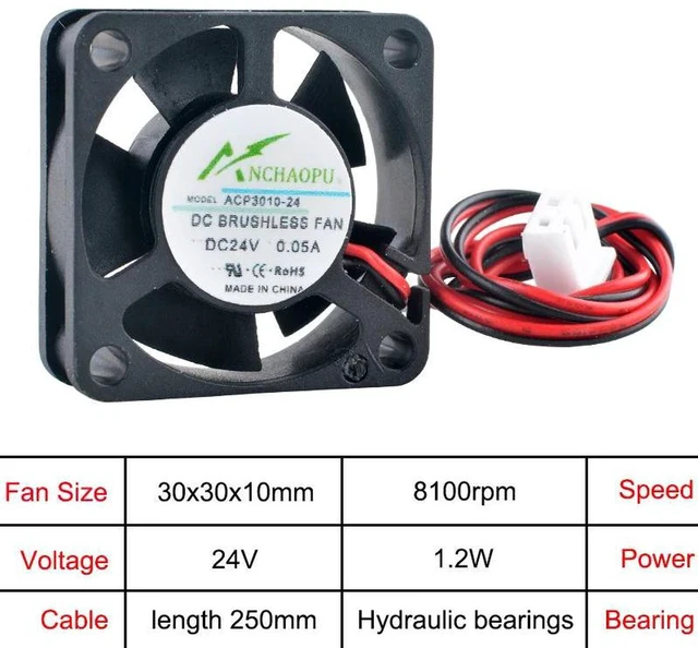 Alt view image 2 of 2 - 5 Pack ACP3010 30mm Mini Axial Cooling Fan 30x30x10mm 3cm DC24V Hydraulic Bearing 2-Pin 3010 Micro Fan Replacement for 3D Printers, Routers and Small Electronic Devices Heat Dissipation