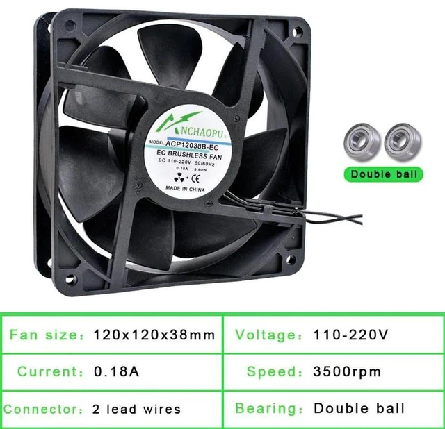Main image of EC Brushless Cooling Fan, 12038 120x120x38mm 120mm Dual Ball Bearing, AC 110V 120V 220V 240V Universal Voltage Axial Fan Replacement for Server Rack, Industrial Cabinet, Chassis Ventilation