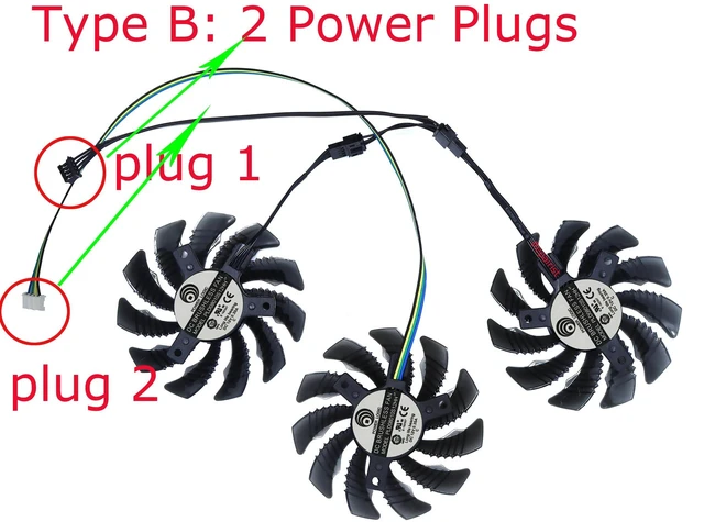Alt view image 2 of 2 - GPU Graphics Card Cooling Fan PLD0801, 2 Power Connectors, 3 Fans Per Set, Replacement GPU Cooler Fan for RTX 3060 Ti, RTX 3060 Ti OC and RTX 3060 OC Graphics Cards, Internal Video Card Heat Dissipati