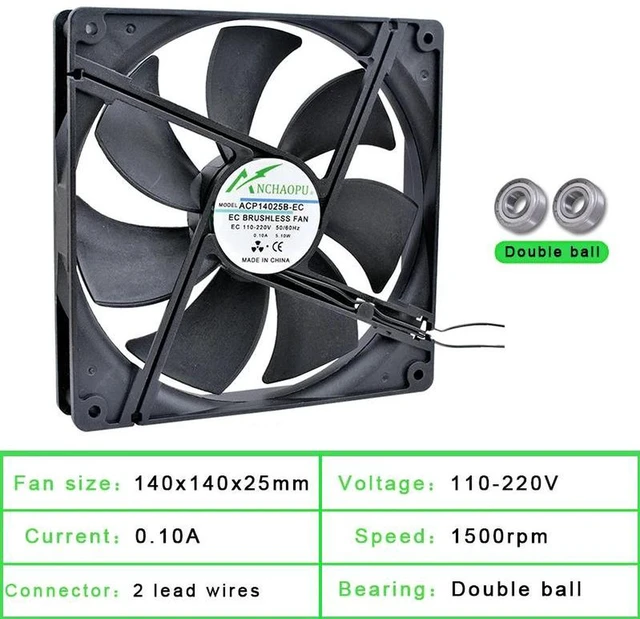 Alt view image 2 of 2 - EC Brushless Axial Cooling Fan, Dual Ball Bearing 140x140x25mm, Wide Voltage AC110V/120V/220V/240V, 2-Row Structure, for Server Rack Cabinet Heat Dissipation