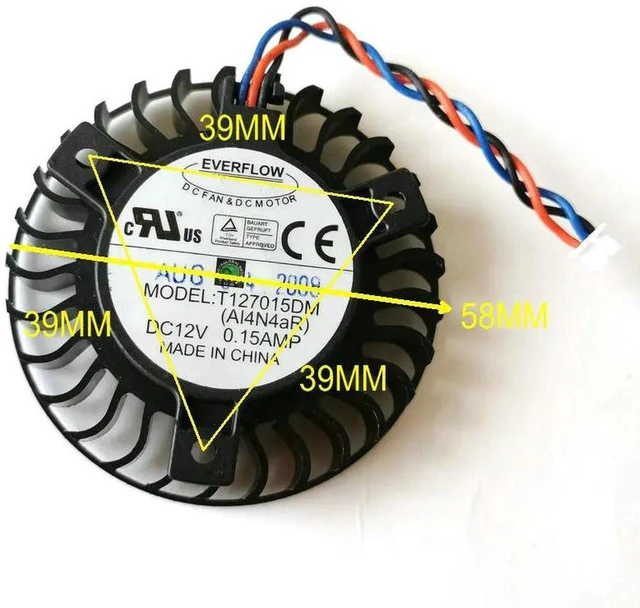Main image of T127015DM GPU Cooling Fan, DC12V 0.15A 3-Pin 58mm 39×39×39mm Replacement VGA Cooler Fan, Small Internal Graphics Card Fan Compatible with 9600GT Video Card Heat Dissipation Repair Parts