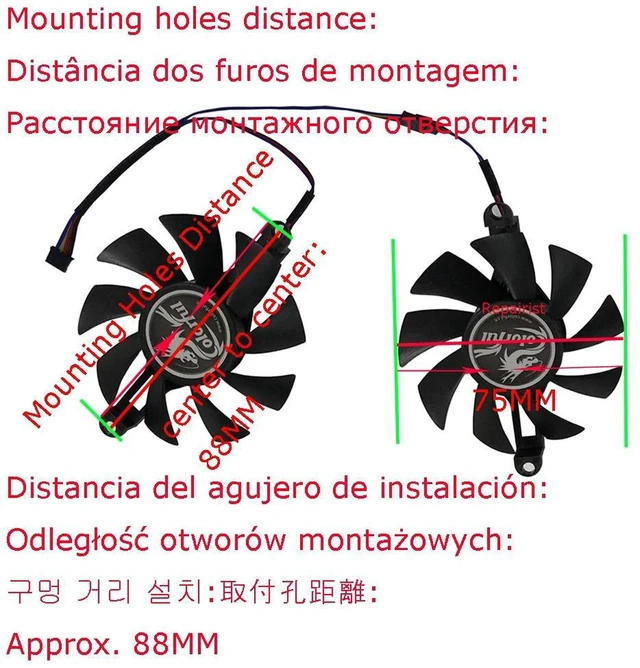 Alt view image 2 of 2 - 2Pcs/Set GPU Cooling Fan, 75mm Diameter 8.8cm Mounting Pitch Replacement VGA Cooler Fan for RX 580 2048SP Graphics Card, DC12V 4-Pin PWM Fan for Gaming Video Card Heat Dissipation Repair Parts