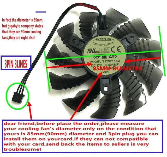 Main image of T129215SU 3-Pin Graphics Card Cooling Fan, VGA GPU Cooler Replacement Fan DC12V 0.5A, 85mm Frameless Fan Compatible with Gigabyte GTX 970 Mini-ITX OC, GTX 960 ITX OC 4GB for Video Card Heat Dissipatio