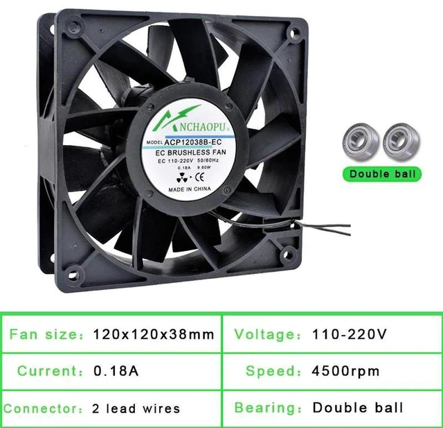Main image of EC Brushless Cooling Fan, AC 110V 120V 220V 240V, Dual Row Ball Bearing, 120x120x38mm High Airflow Quiet Fan, Rack Mount Industrial Ventilation Fan for Cabinet Chassis Cooling Replacement