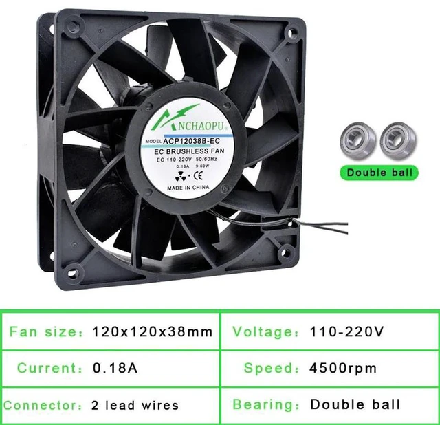 Alt view image 2 of 2 - EC Brushless Cooling Fan, AC 110V 120V 220V 240V, Dual Row Ball Bearing, 120x120x38mm High Airflow Quiet Fan, Rack Mount Industrial Ventilation Fan for Cabinet Chassis Cooling Replacement