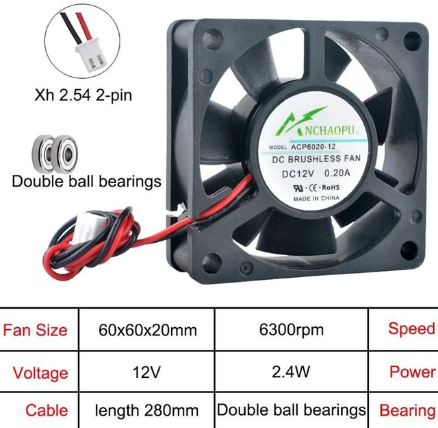 Main image of ACP6020 6020 60x60x20mm DC12V 2-Pin Dual Ball Bearing Axial Cooling Fan, 3 Pack 60mm Fan Replacement for Inverter, Power Supply, Industrial Equipment Heatsink Cooling System