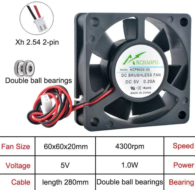 Alt view image 2 of 2 - ACP6020 6020 60x60x20mm DC5V 2-Pin Dual Ball Bearing Axial Cooling Fan, 3 Pack 60mm Fan Replacement for Inverter, Power Supply, Industrial Equipment Heatsink Cooling System